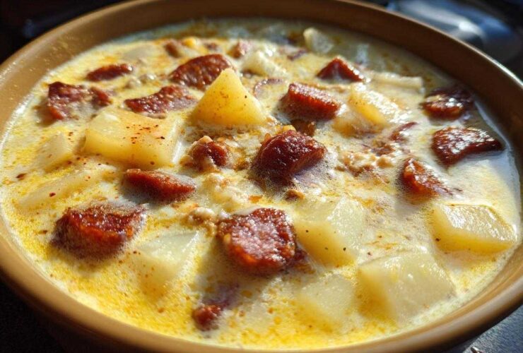 Close-up of a creamy kielbasa potato soup with chunks of sausage and potatoes in a brown bowl.