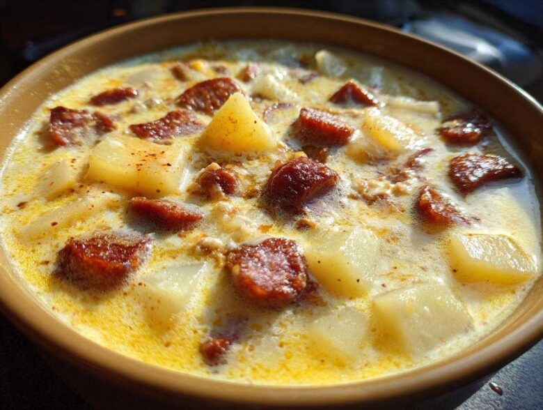 Close-up of a creamy kielbasa potato soup with chunks of sausage and potatoes in a brown bowl.