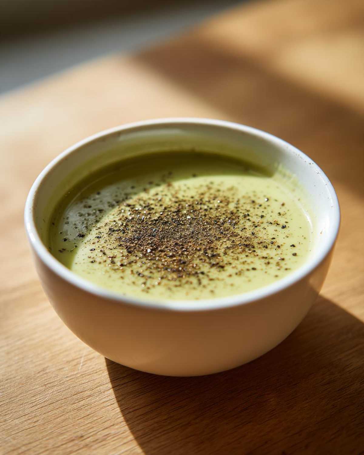 A close-up of a bowl of creamy potato leek soup, garnished generously with freshly cracked black pepper.