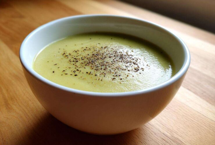 A white bowl filled with creamy potato leek soup, garnished with freshly ground black pepper.