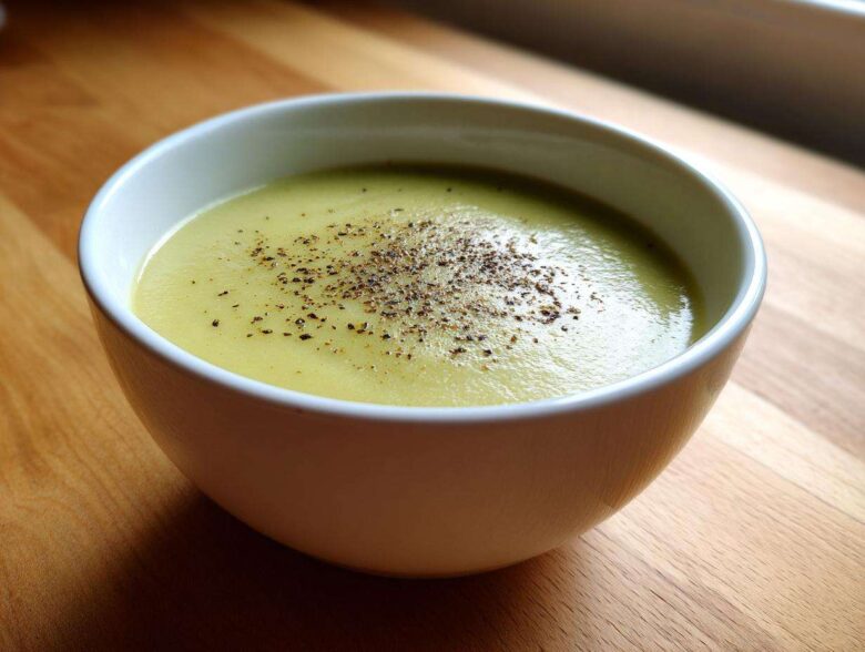 A white bowl filled with creamy potato leek soup, garnished with freshly ground black pepper.