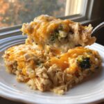 A spoonful of creamy rice casserole with chicken and broccoli, topped with melted cheddar cheese, being lifted from the main dish.