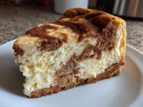 A close-up view of a thick slice of creamy snickerdoodle cheesecake with cinnamon swirls on a white plate.