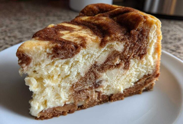 A close-up view of a thick slice of creamy snickerdoodle cheesecake with cinnamon swirls on a white plate.
