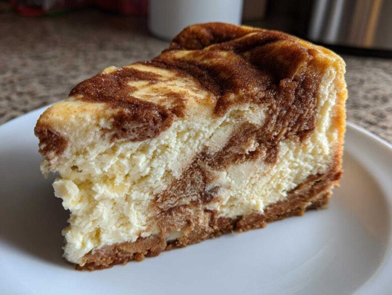 A close-up view of a thick slice of creamy snickerdoodle cheesecake with cinnamon swirls on a white plate.