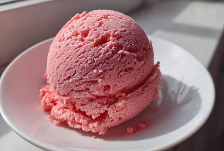 A perfectly scooped ball of bright pink strawberry ice cream sitting in a white bowl, catching sunlight.
