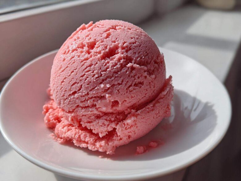 A perfectly scooped ball of bright pink strawberry ice cream sitting in a white bowl, catching sunlight.