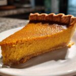 A close-up view of a perfectly baked slice of creamy sweet potato pie resting on a white plate.
