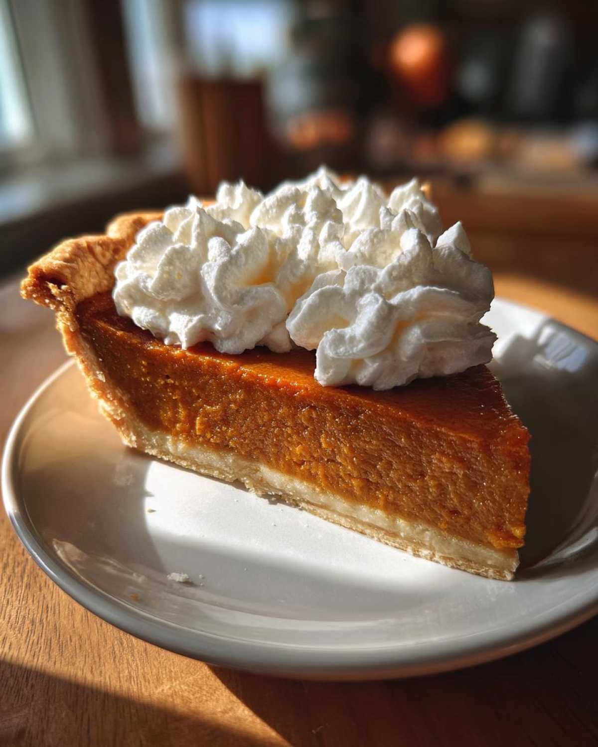 A close-up of a thick slice of creamy sweet potato pie topped generously with whipped cream.