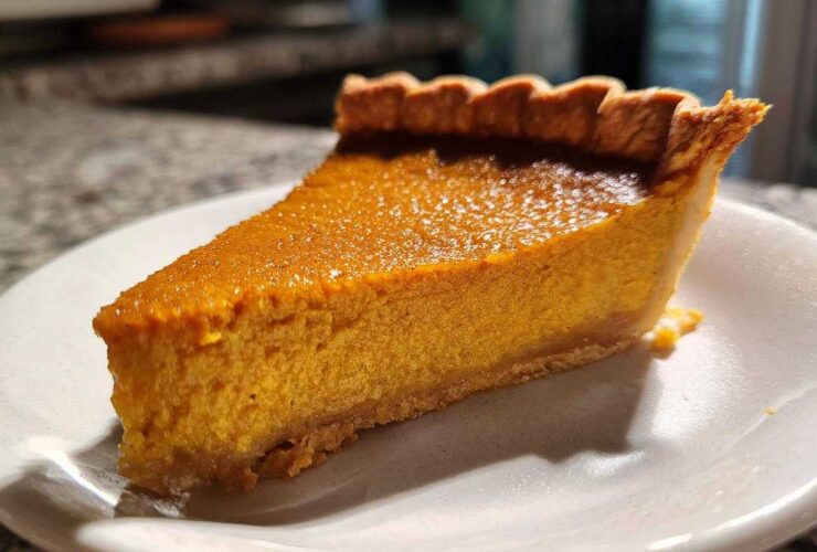A close-up view of a perfectly baked slice of creamy sweet potato pie resting on a white plate.