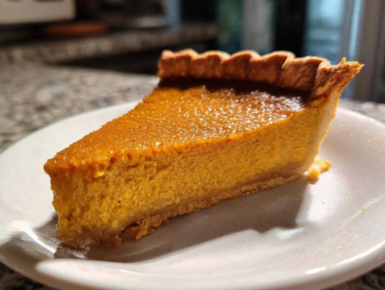 A close-up view of a perfectly baked slice of creamy sweet potato pie resting on a white plate.