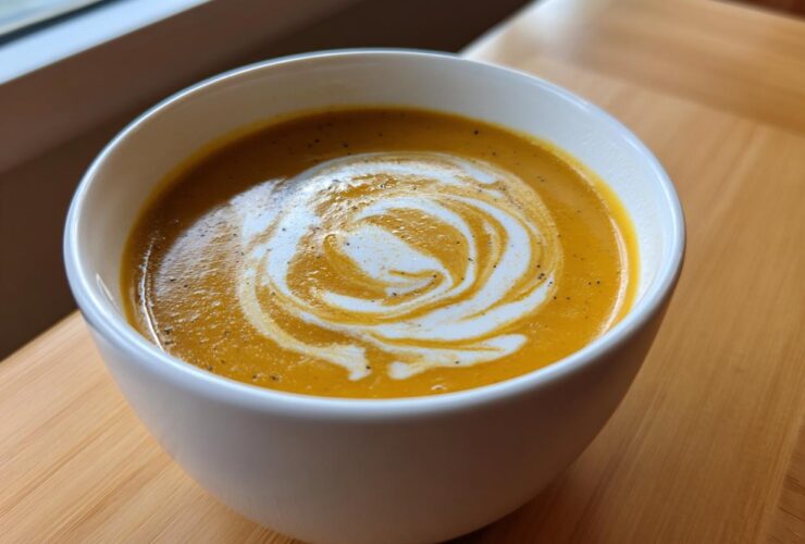 Close-up of a bowl of vibrant orange squash soup topped with a decorative swirl of cream and black pepper.