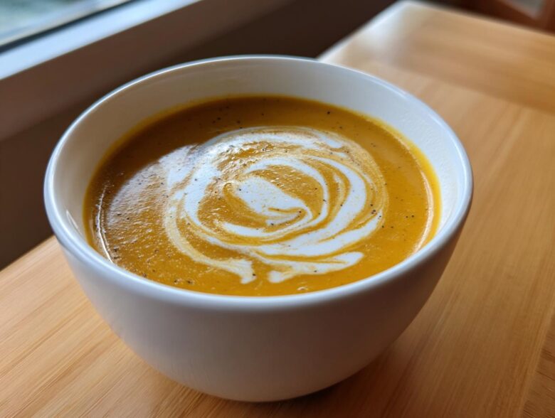 Close-up of a bowl of vibrant orange squash soup topped with a decorative swirl of cream and black pepper.