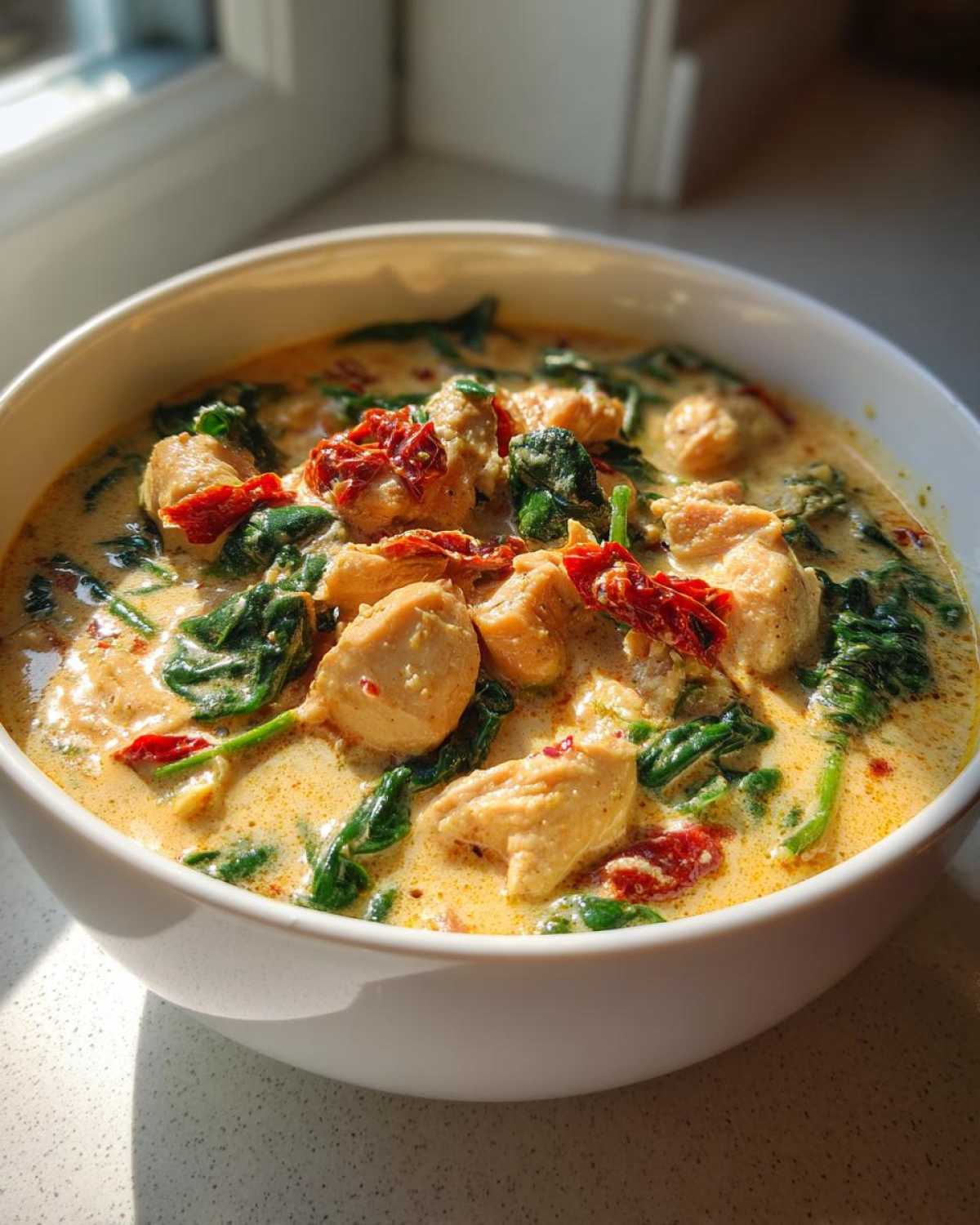 A close-up of a bowl of creamy tuscan chicken soup filled with chunks of chicken, wilted spinach, and sun-dried tomatoes.