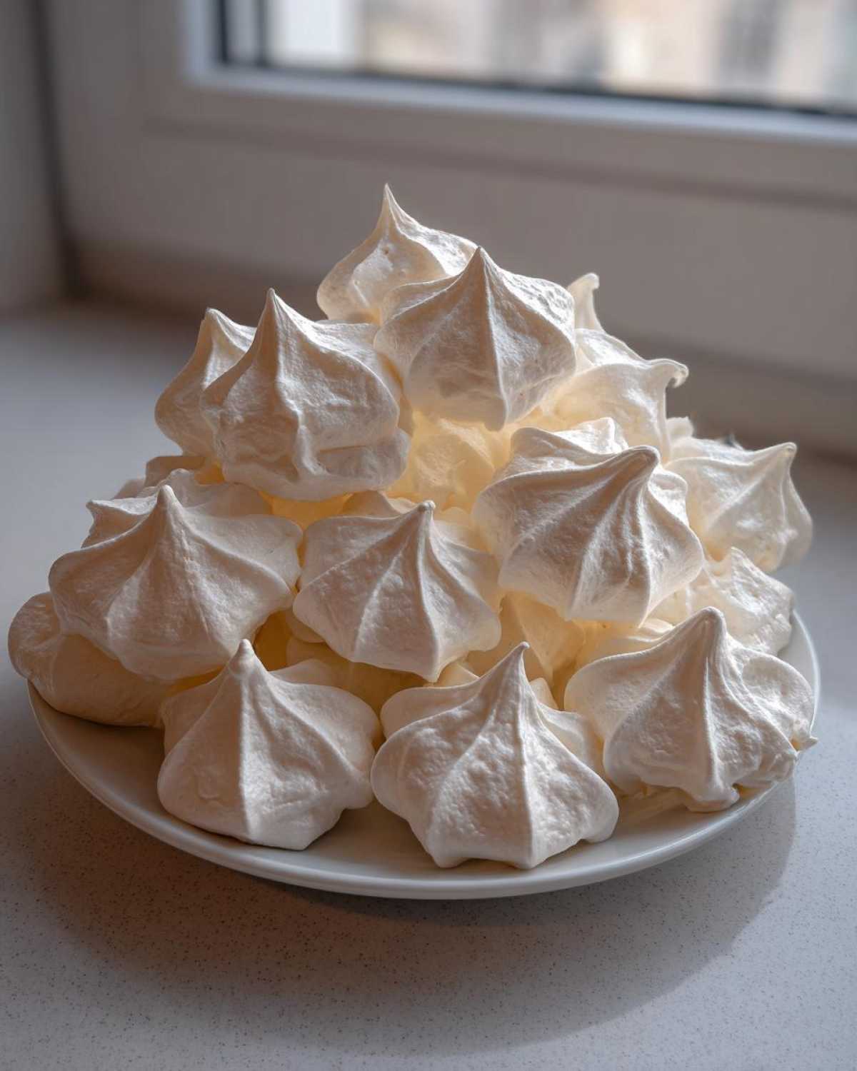 A pile of crisp, white meringue cookies with sharp peaks stacked high on a white plate near a window.