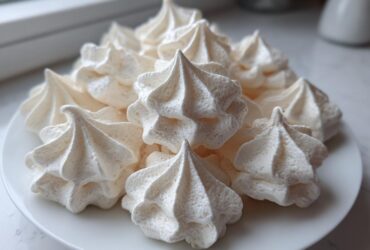 A pile of crisp, white meringue cookies piped into star shapes, displayed on a white plate.