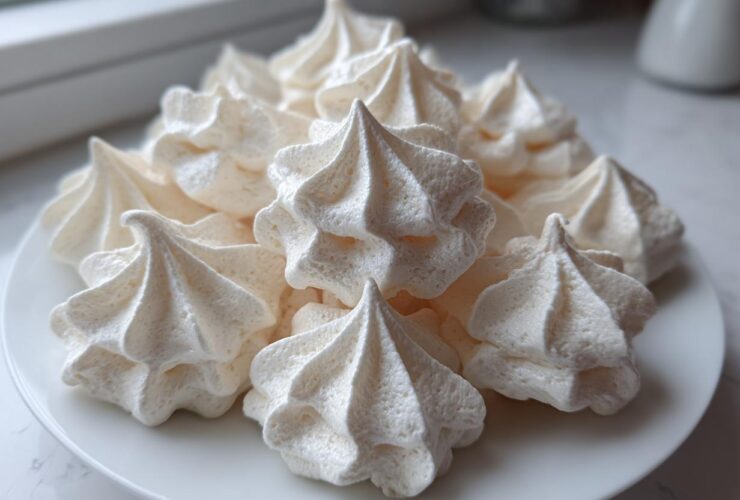 A pile of crisp, white meringue cookies piped into star shapes, displayed on a white plate.