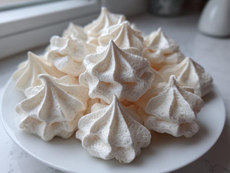A pile of crisp, white meringue cookies piped into star shapes, displayed on a white plate.