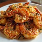 A pile of golden brown, crispy breaded air fryer shrimp garnished with parsley on a white plate.