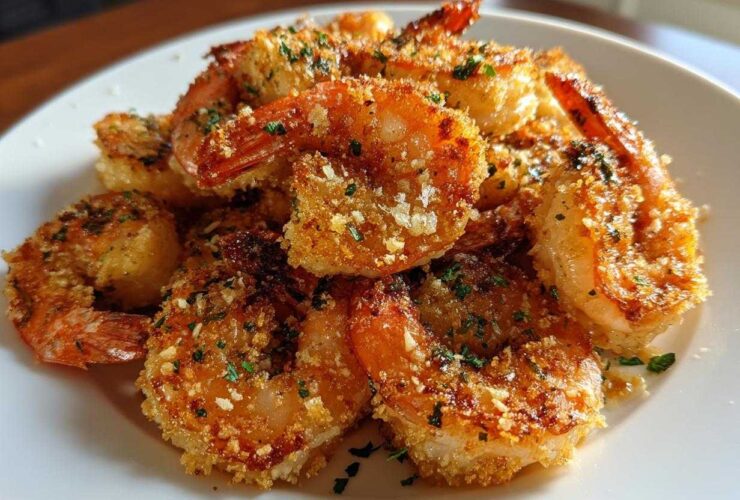 A pile of golden brown, crispy breaded air fryer shrimp garnished with parsley on a white plate.