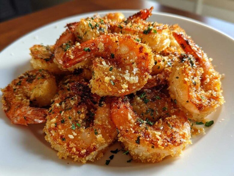 A pile of golden brown, crispy breaded air fryer shrimp garnished with parsley on a white plate.