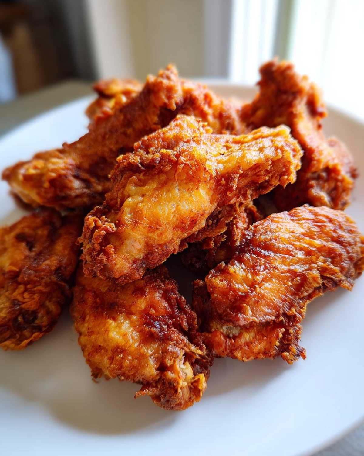 A close-up of several golden-brown, crispy baked chicken wings piled on a white plate.