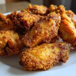 Close-up of several golden brown, crispy baked chicken wings piled on a white plate.