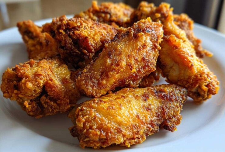 Close-up of several golden brown, crispy baked chicken wings piled on a white plate.