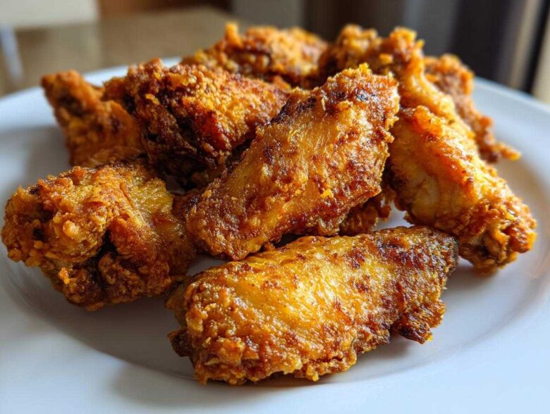 Close-up of several golden brown, crispy baked chicken wings piled on a white plate.