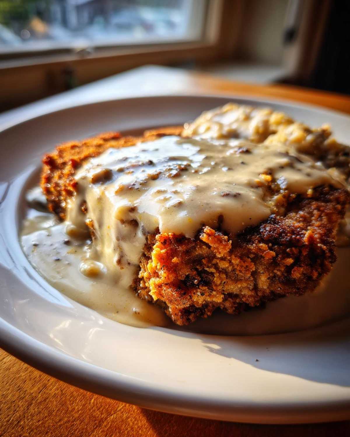 A close-up of crispy chicken fried steak smothered in creamy white pepper gravy, served on a white plate.