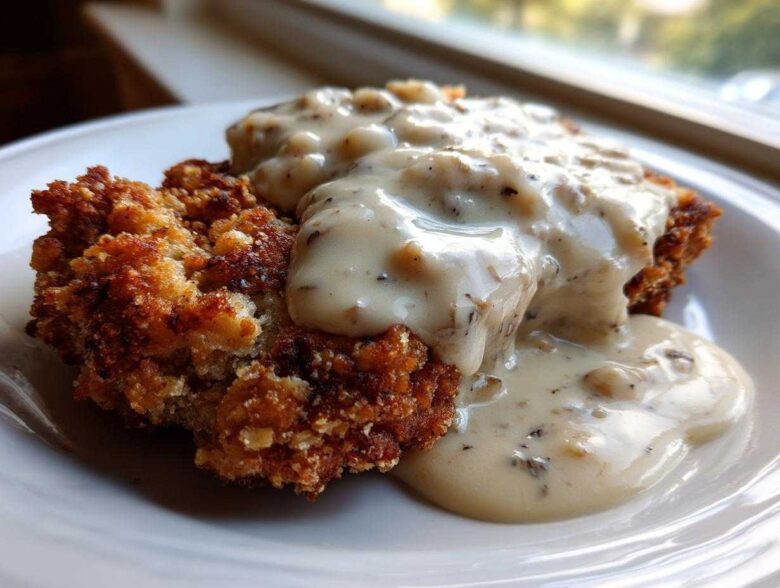 A close-up of crispy chicken fried steak smothered in rich, peppered white gravy.