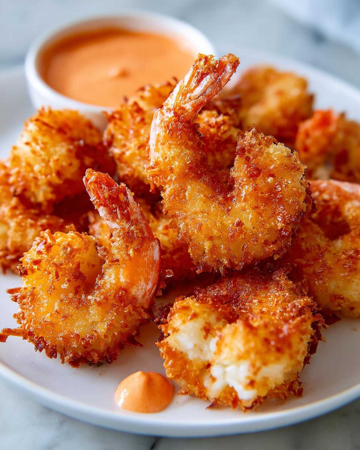 Close-up of crispy coconut shrimp served with a small bowl of orange dipping sauce.