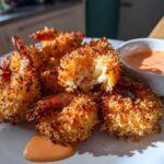 A plate of golden brown, crispy coconut shrimp served with a small bowl of orange dipping sauce.