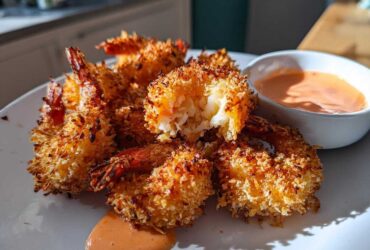 A plate of golden brown, crispy coconut shrimp served with a small bowl of orange dipping sauce.