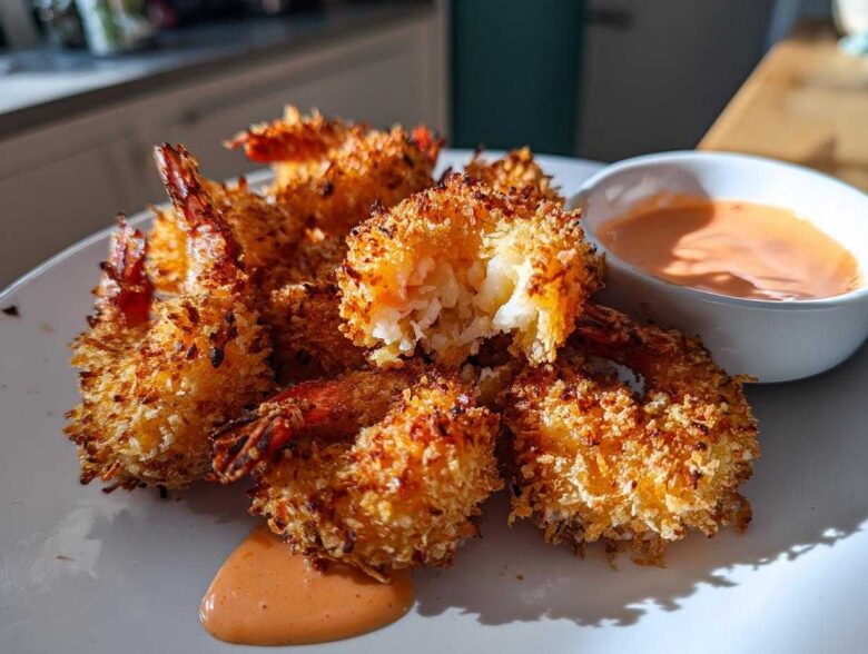 A plate of golden brown, crispy coconut shrimp served with a small bowl of orange dipping sauce.
