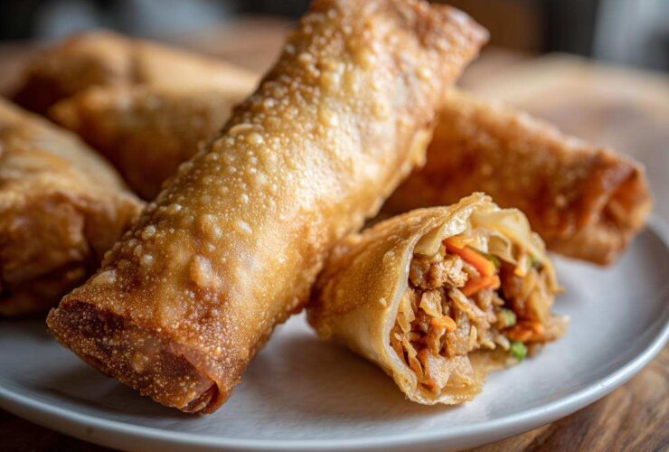 Close-up of several golden brown, crispy fried egg rolls, one cut open showing the savory filling.