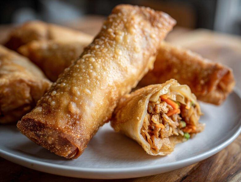 Close-up of several golden brown, crispy fried egg rolls, one cut open showing the savory filling.