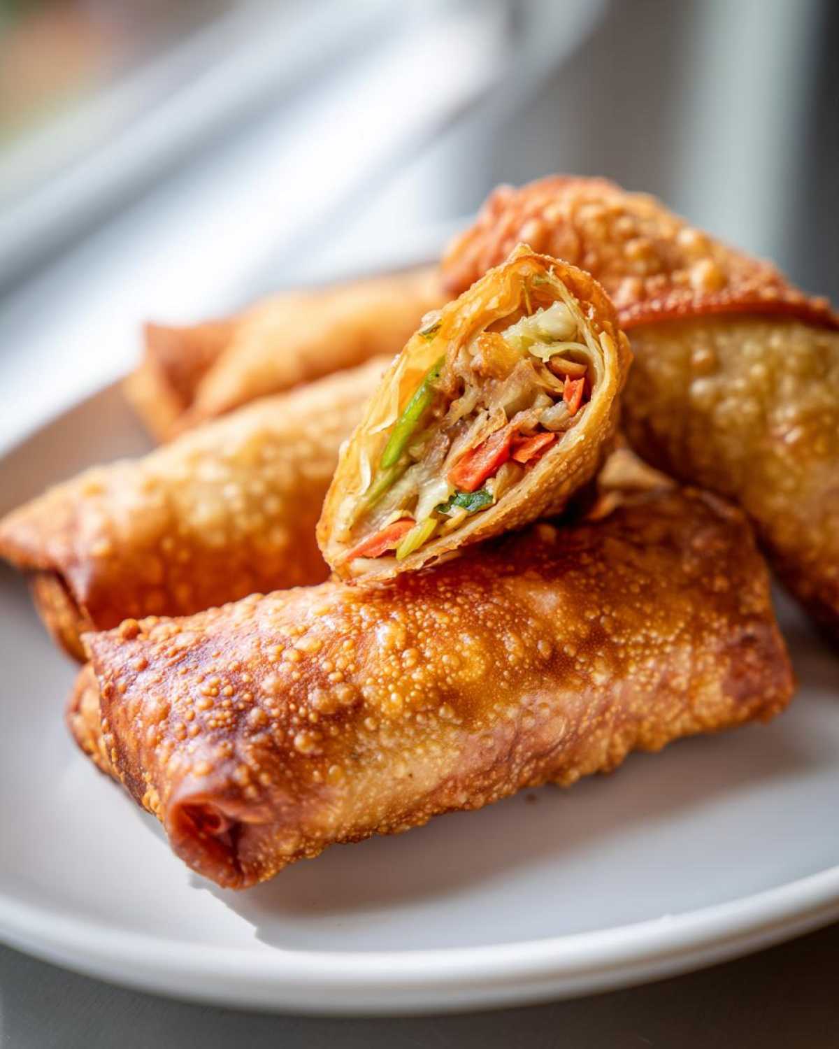 Close-up of crispy fried egg roll cut in half showing vegetable filling, part of a plate of egg rolls.
