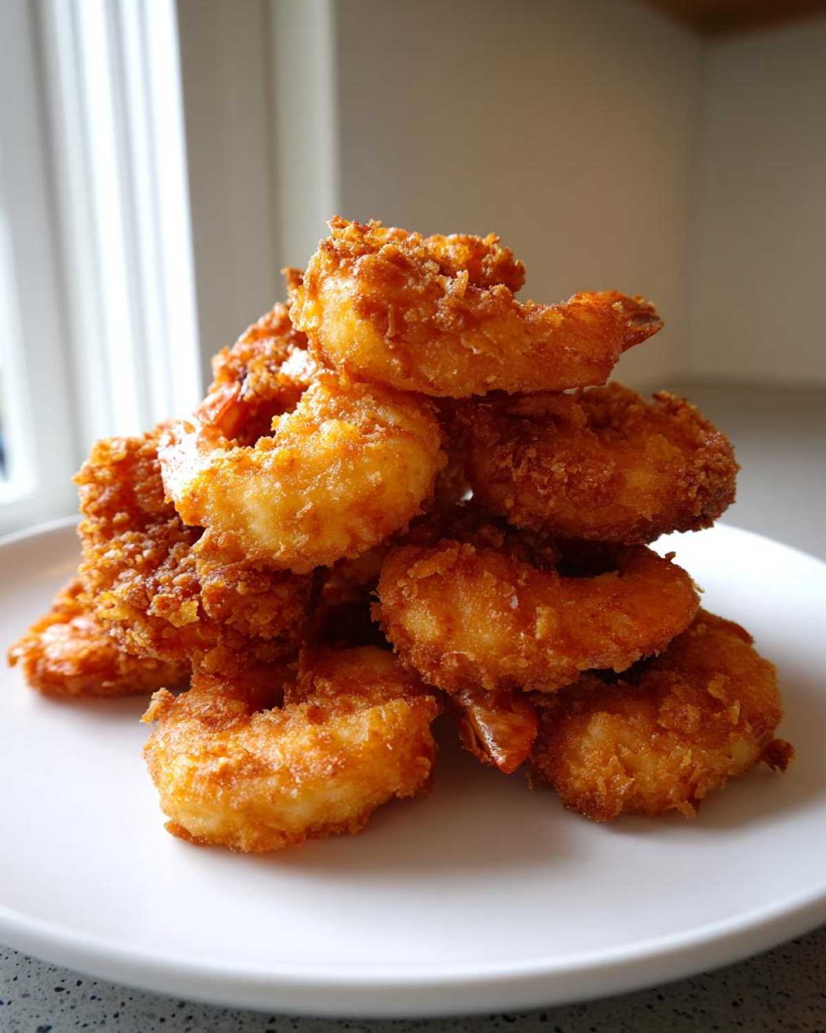 A tall stack of golden brown, crispy fried shrimp piled high on a white plate.