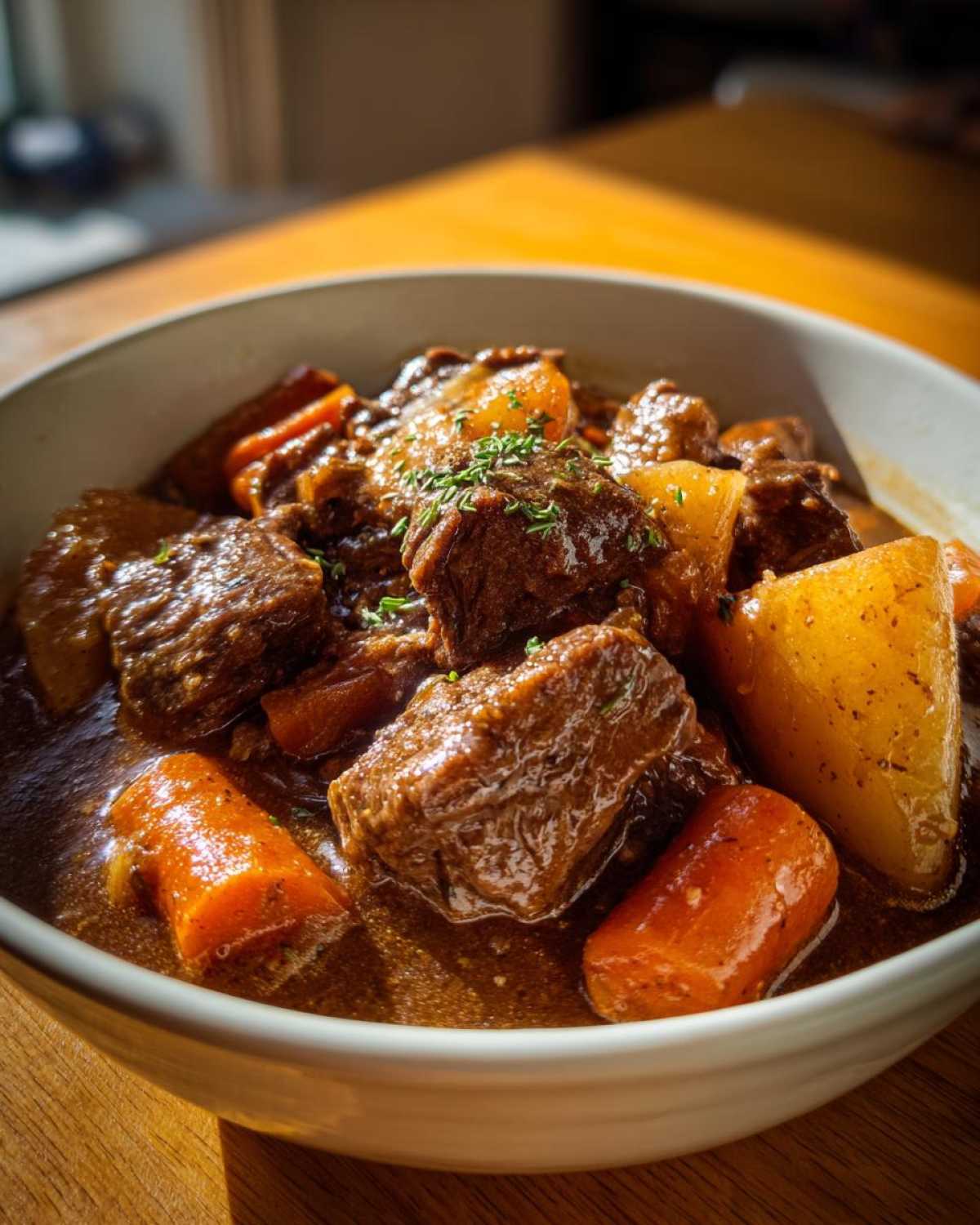 Close-up of tender beef chunks, carrots, and potatoes in rich gravy from the crockpot beef stew.