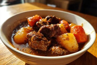 Close-up of tender chunks of beef and vegetables in a rich gravy, representing the amazing crockpot beef stew.