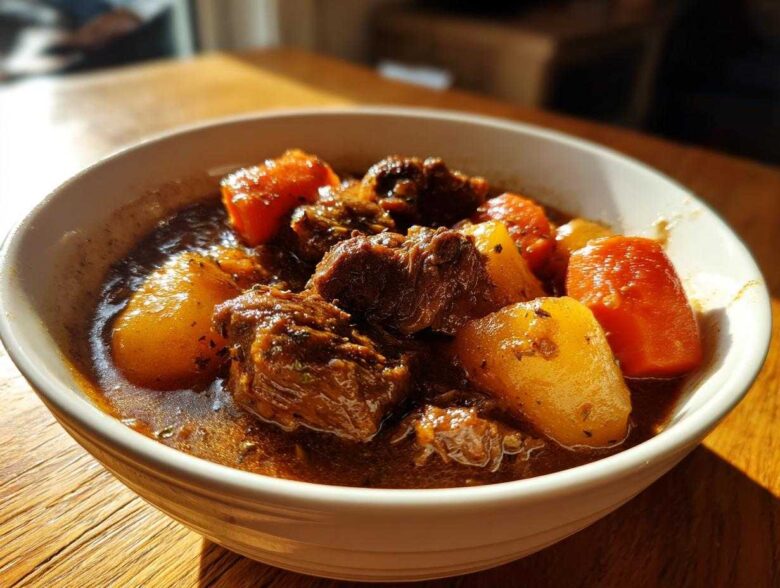 Close-up of tender chunks of beef and vegetables in a rich gravy, representing the amazing crockpot beef stew.