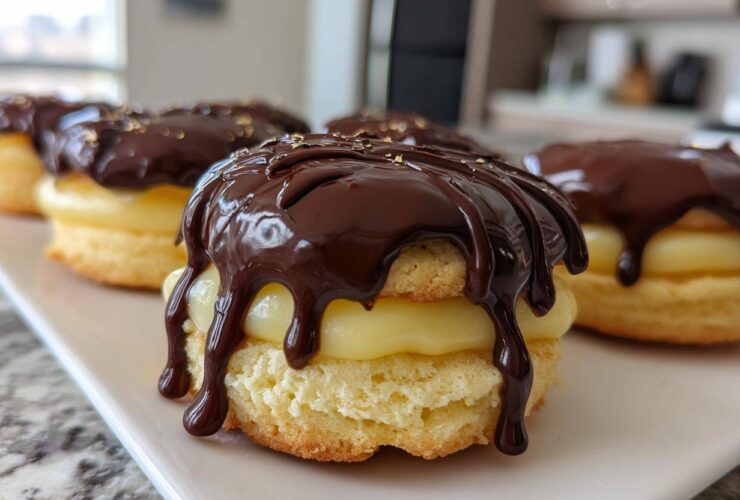 Close-up of one of the decadent boston cream pie cookies, featuring vanilla filling and dripping dark chocolate ganache.