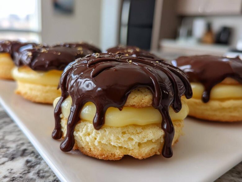Close-up of one of the decadent boston cream pie cookies, featuring vanilla filling and dripping dark chocolate ganache.