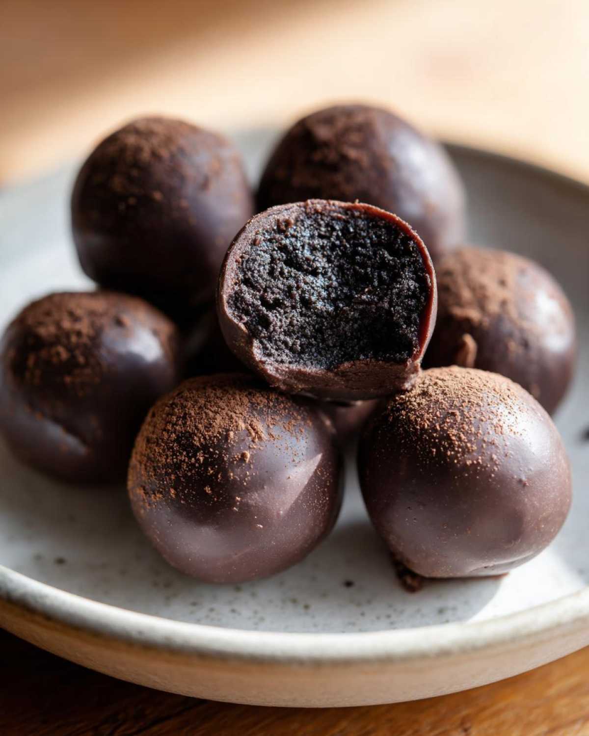A pile of rich, dark chocolate covered Oreo balls, one cut in half showing the dense center.