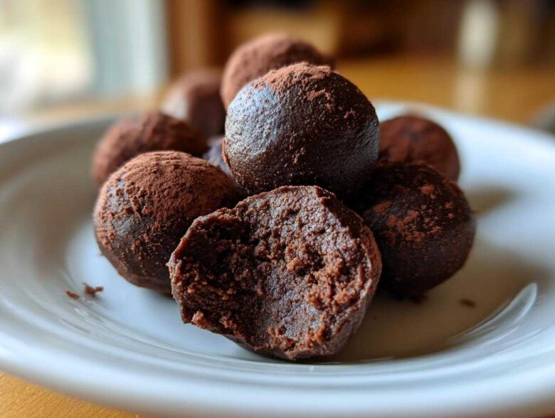 A pile of rich, dark chocolate Oreo balls dusted with cocoa powder, one is bitten open showing the dense interior.