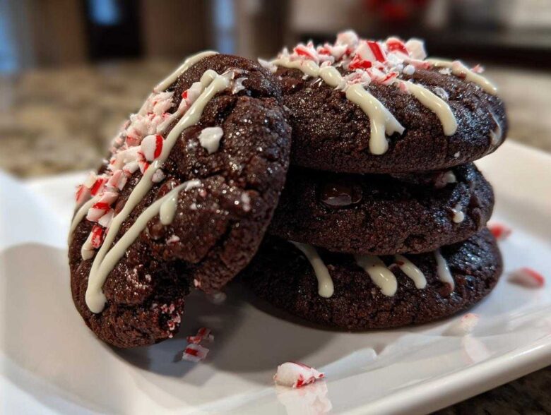 A stack of rich, fudgy double chocolate peppermint cookies drizzled with white chocolate and topped with crushed candy canes.