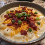 A close-up of a hearty bowl of easy crockpot potato soup topped with bacon, shredded cheese, and green onions.