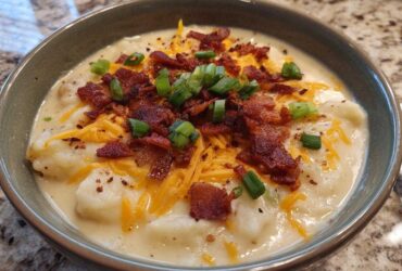 A close-up of a hearty bowl of easy crockpot potato soup topped with bacon, shredded cheese, and green onions.