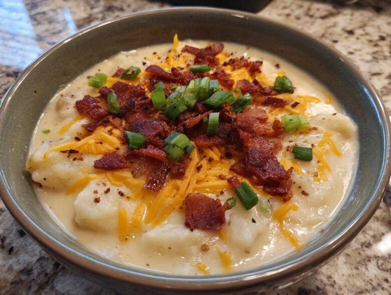 A close-up of a hearty bowl of easy crockpot potato soup topped with bacon, shredded cheese, and green onions.